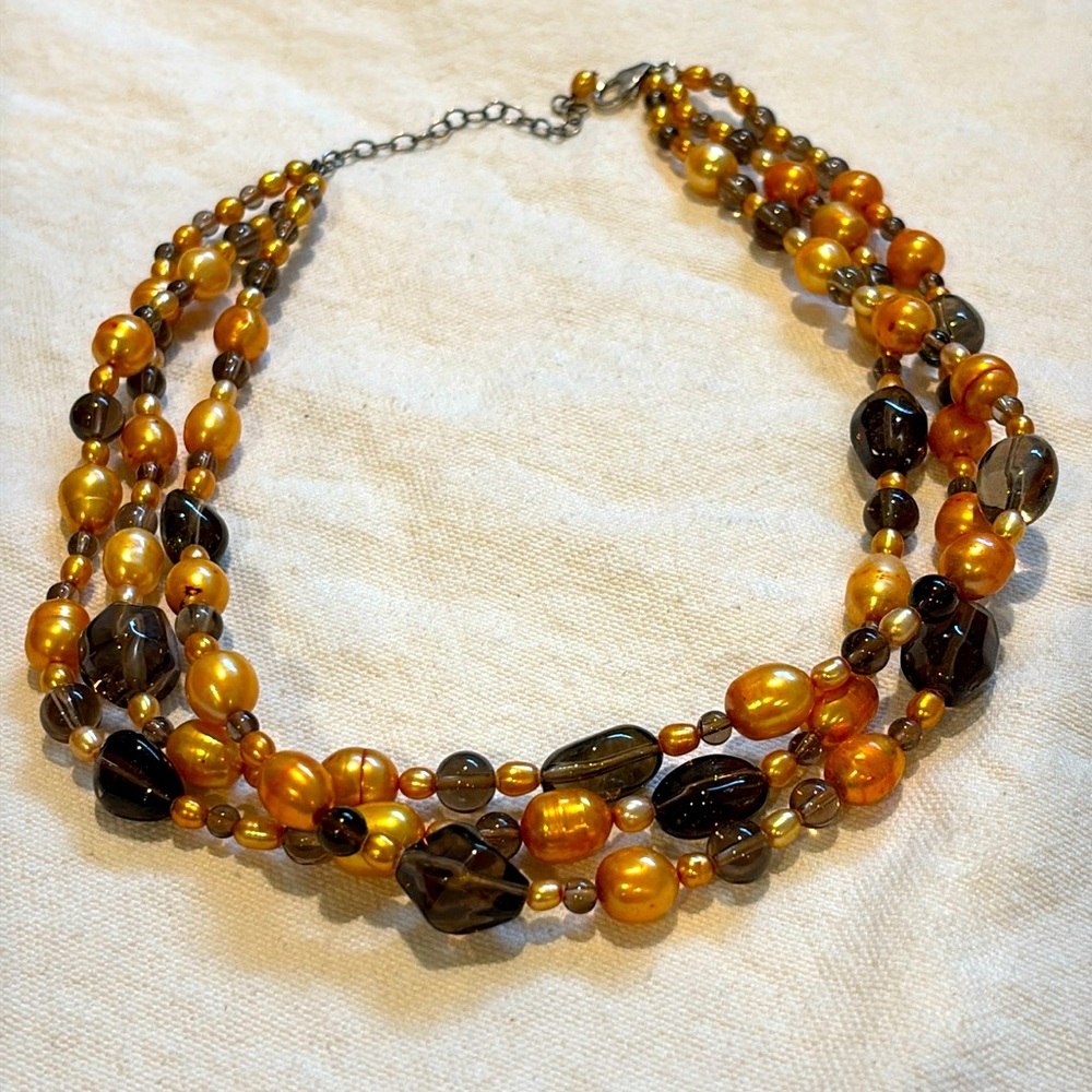 Ross-Simons Sterling Silver Golden Pearl and Smoky Quartz 3-Row Beaded N…